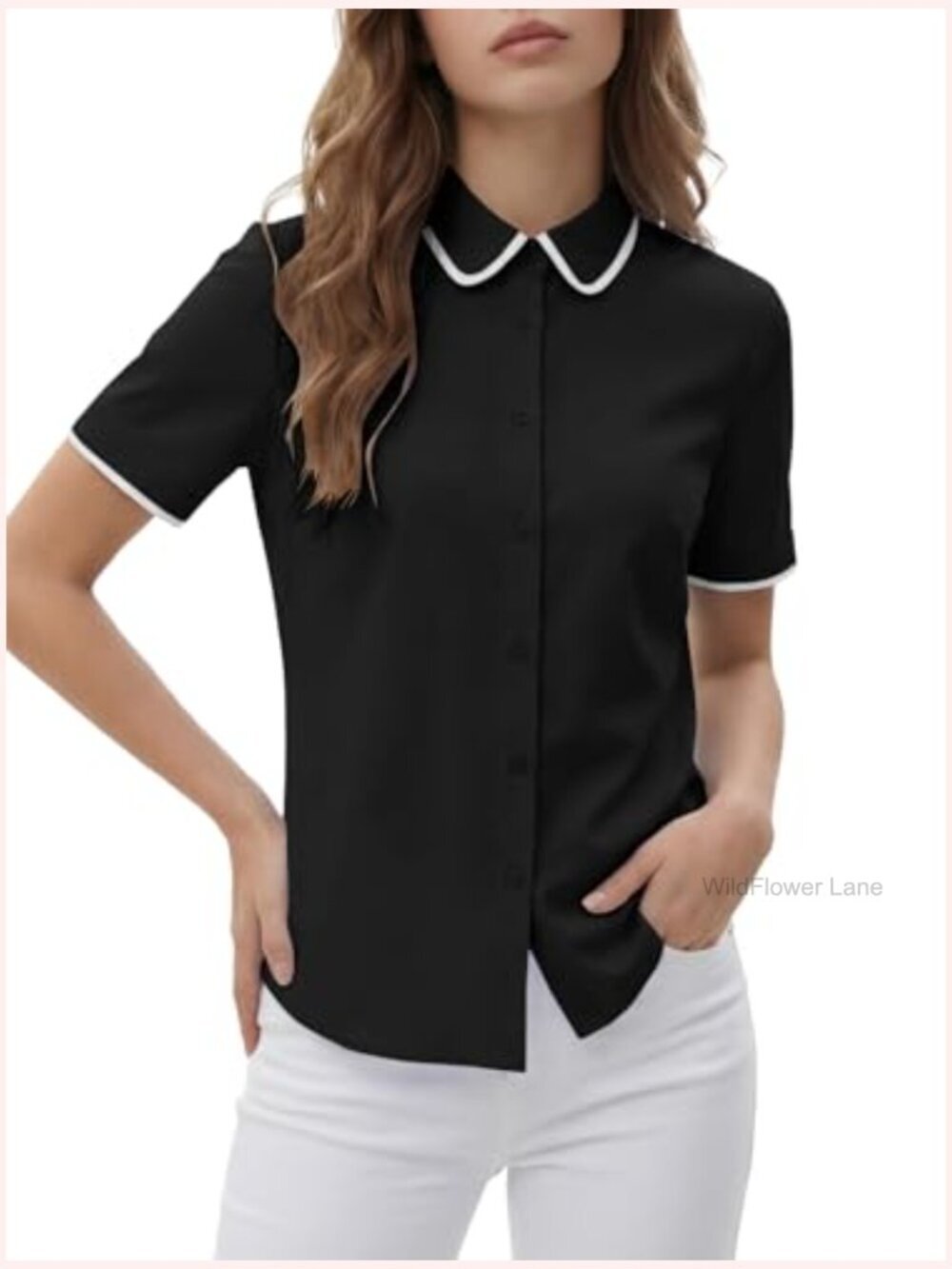 Collared Button Down Short Sleeve Blouse Top Shirt - Picture 2 of 6